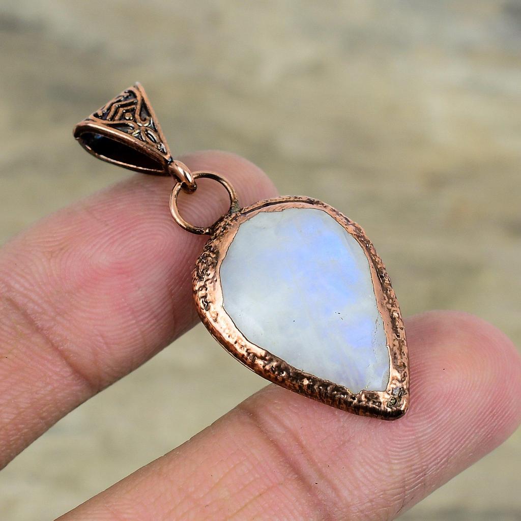 Кулон Rainbow Moonstone, гальванопластический медный кулон, изящный кулон, гальванопластическое ювелирное изделие ручной работы, натуральный драгоценный камень, кулон в подарок для женщин