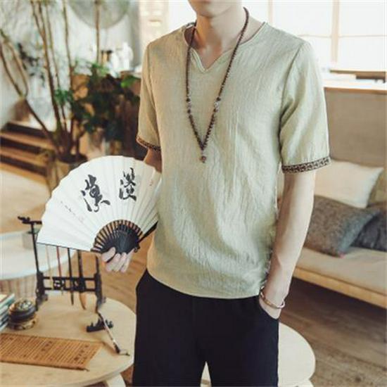 Мужская летняя корейская футболка из хлопка и льна с V-образным вырезом и коротким рукавом — дышащая, универсальная, модная, с коротким рукавом для больших размеров