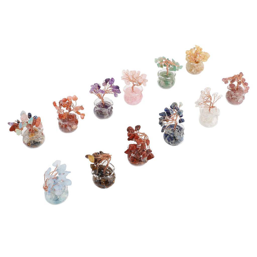 12PCS Mini Tree Figurine Crystal Leaves Glass Bowl Feng Shui Tree Ornament for Home Car Office Desk