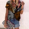 Women's Top Summer New Fashion Rose Flower Dark Skeleton Printed Casual Zipper V-neck Short Sleeve Top