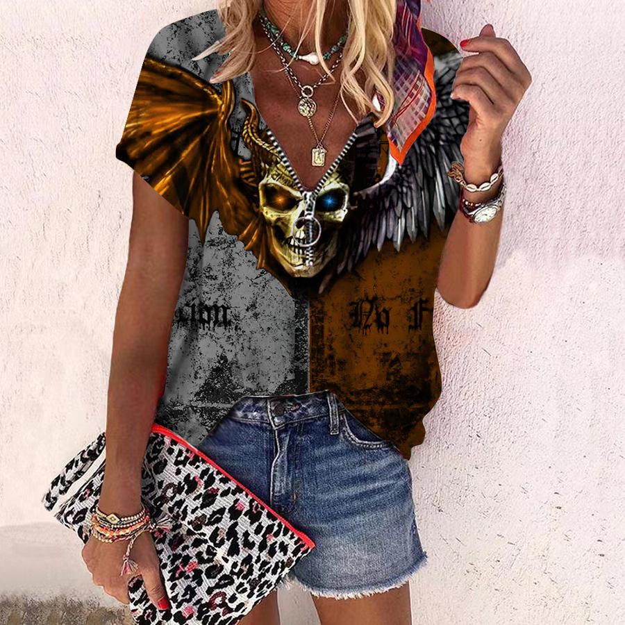 Women's Top Summer New Fashion Rose Flower Dark Skeleton Printed Casual Zipper V-neck Short Sleeve Top