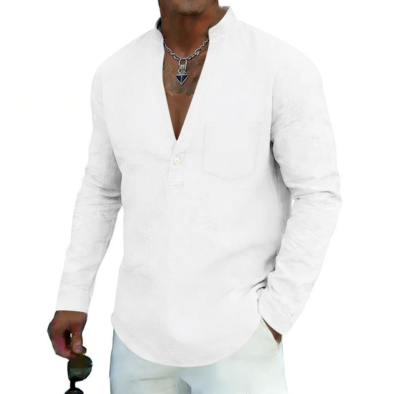 Loose-fit, breathable men’s casual linen shirt with a wide V-neck and a stand-up collar, ideal for outdoor wear