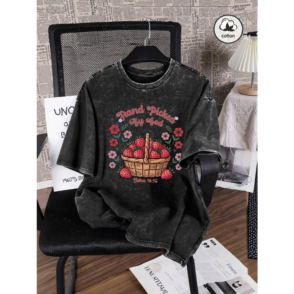 Женская washed футболка с принтом клубничных цветов, хлопок, летняя, спортивная одежда, свободная, короткий рукав