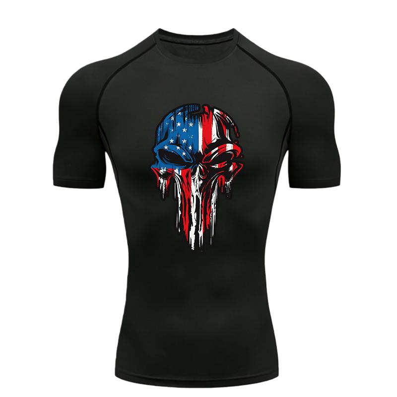 American Flag Skull Men's Sports T-shirt Training Fitness Quick Dry Short Sleeve Jogging Running Workout Compression Shirt