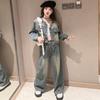 Autumn Teen Girl Retro Denim Clothes Suit Round Neck Denim Jacket and Straight Through Jeans 2pcs  Suit Child Outfits