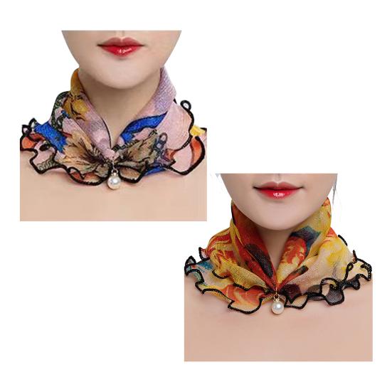 2Pcs Women Faux Silk Scarf Printing Faux Pearl Decor Lace Trim Lightweight Scarf Hand Strap Accessory