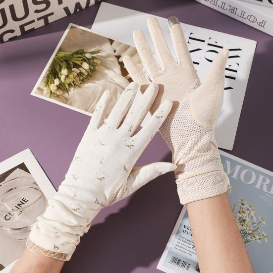 1 Pair Floral Print Anti-slip Palm Driving Gloves Full Finger Lace Stitching Wrist Extended Girls Outdoor Riding Sunscreen Mittens Cycling Accessories