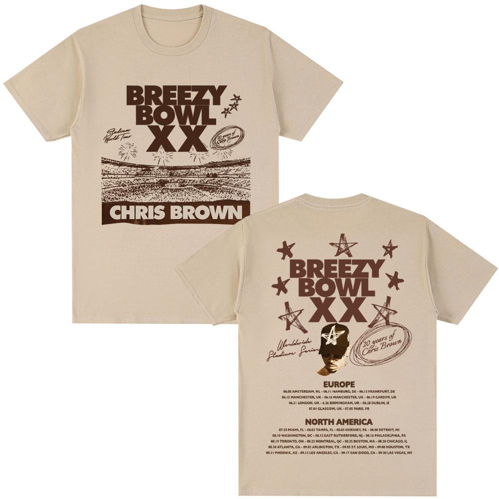 Футболка Rapper Chris Brown Breezy Bowl XX Tour 2025 Мужская Хип-Хоп Ретро С Коротким Рукавом Оверсайз Хлопковая Повседневная Футболка Уличная Одежда