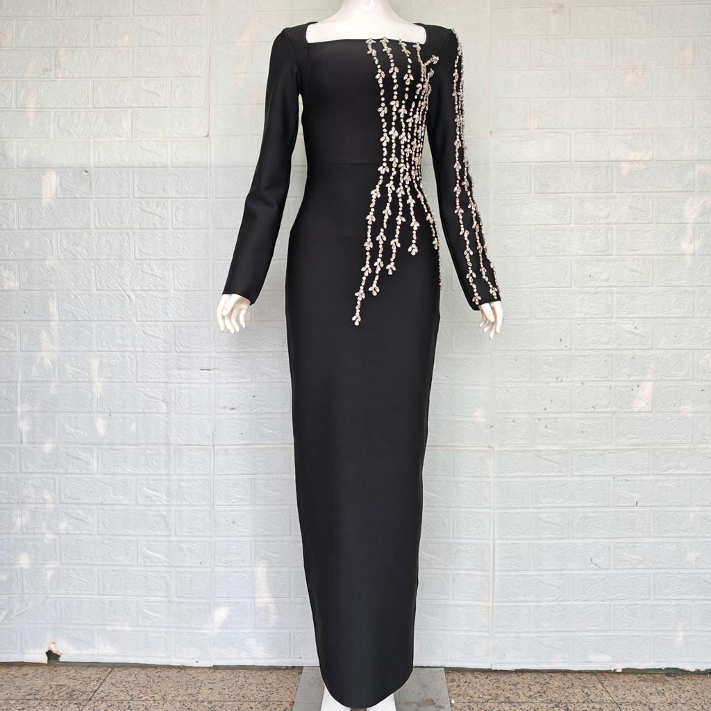 Европейское и американское роскошное платье-бандаж с квадратным вырезом и стразами - Приталенное, элегантное вечернее платье для светской львицы.