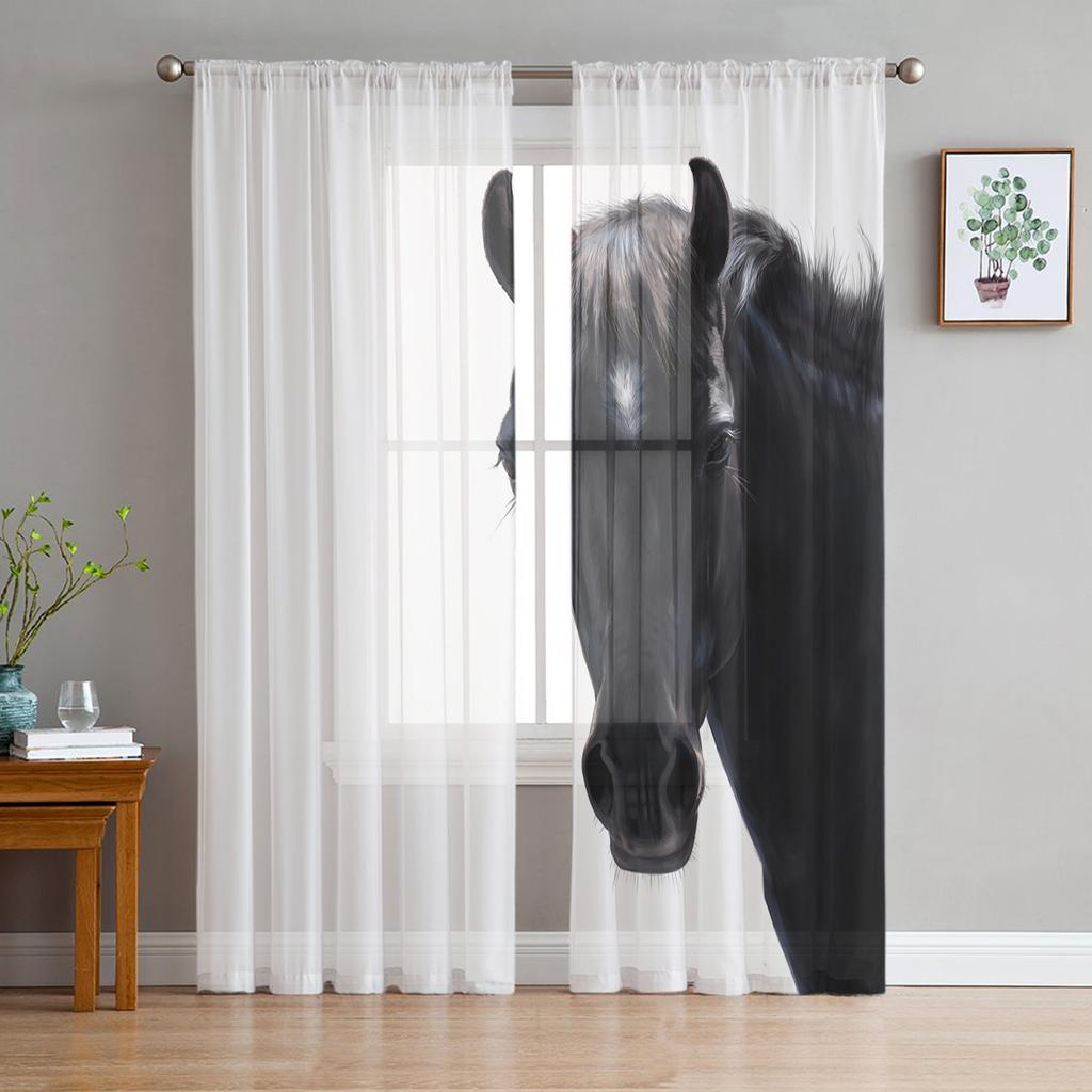 Animal Horse Snow Scene Tulle Voile Curtains For Bedroom Space Space Window Curtain For Living Room Sheer Drapes Shades Organza Drapes Decor