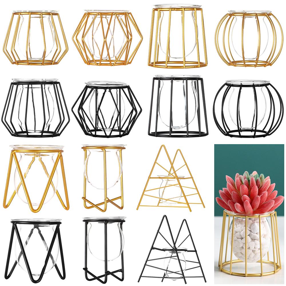 Desktop Ornament Terrarium Metal Holder Hydroponic Vase Iron Geometric Pattern Glass Planter