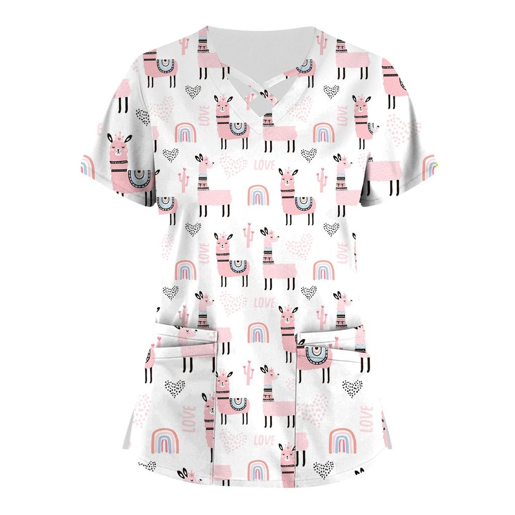 Плюс размер, милая рабочая форма с принтом, топы для женщин, забавные футболки с перекрестным v-образным вырезом и короткими рукавами, рабочая одежда, футболка с карманами