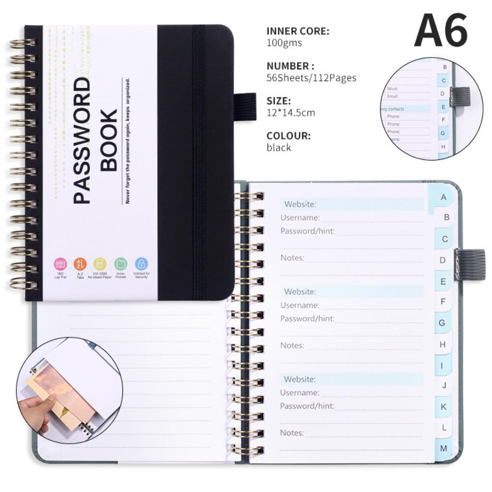 With Alphabetical Tabs Pocket Password Keeper Book Coil Book A6/B6 Size Password Keeper Notebook Portable with Penholder