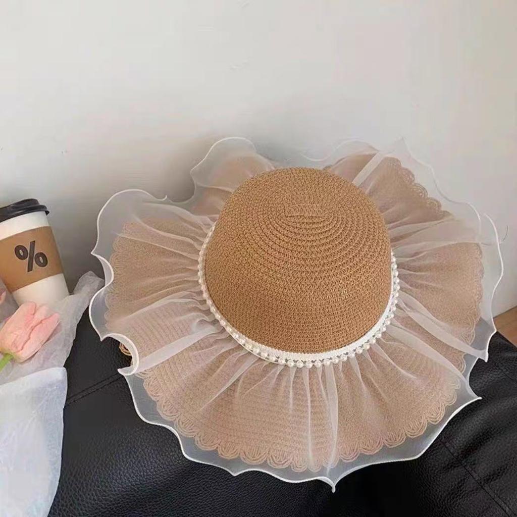 New bow lace straw hat women's summer seaside beach vacation sun hat large brim sun protection hat