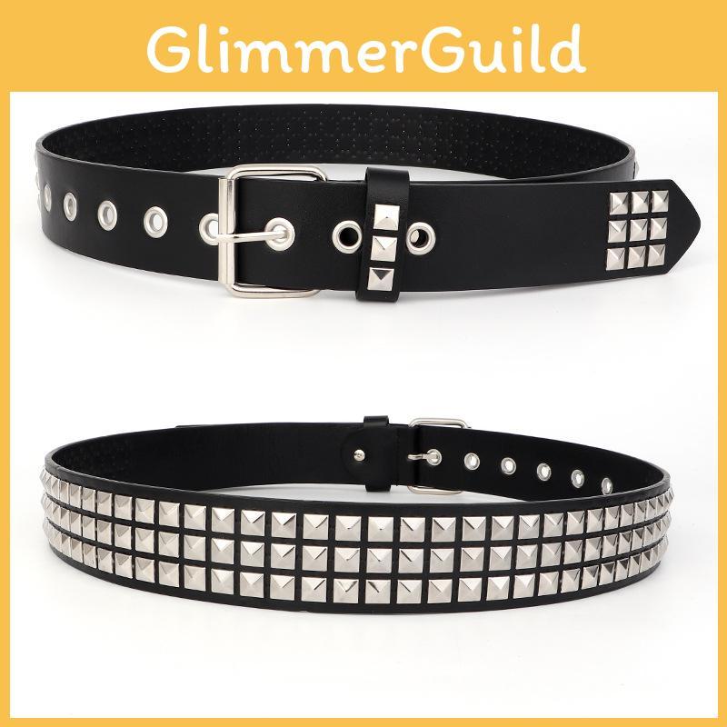 Leather Style Punk Belt With Three Row Hollow Square Buckle Bullet Head Design