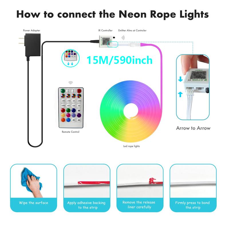 45M/150FT RGB Неоновые светодиодные ленты 12-24V Силиконовый неоновый световой шнур с синхронизацией по музыке RGBIC Dreamcolor Бегущая лента для комнаты