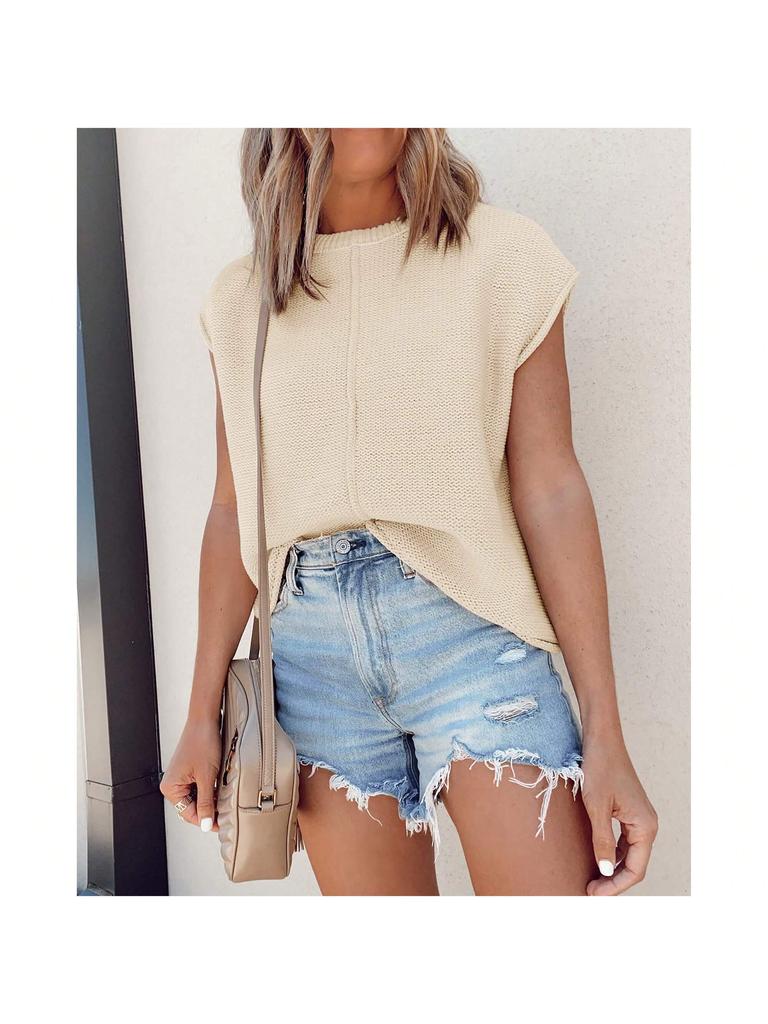 Women's Cap Sleeve Knit Pullover Crew Neck Lightweight Short Sleeve Summer Sweater