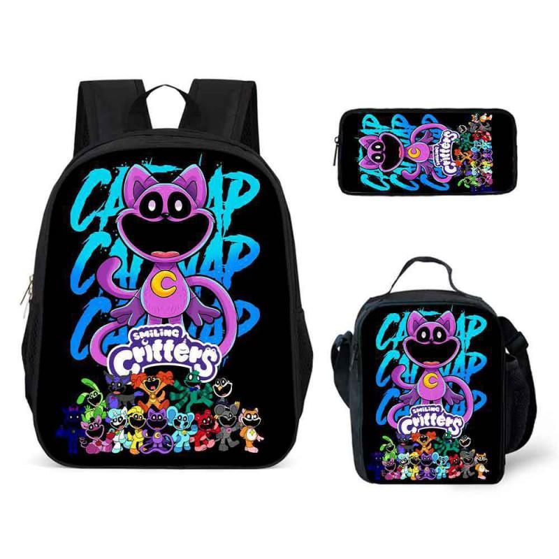 Kids School Backpack Set With Cartoon Smiling Creatures - 3-Piece Oxford Fabric Bag Elementary Students