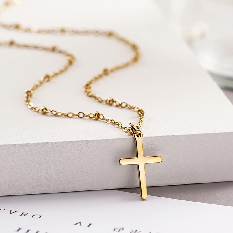 Huitan Simple Cross Pendant Necklace for Women Stainless Steel Party Fashion Daily Versatile Chain with Bead Wedding JewelryGood product