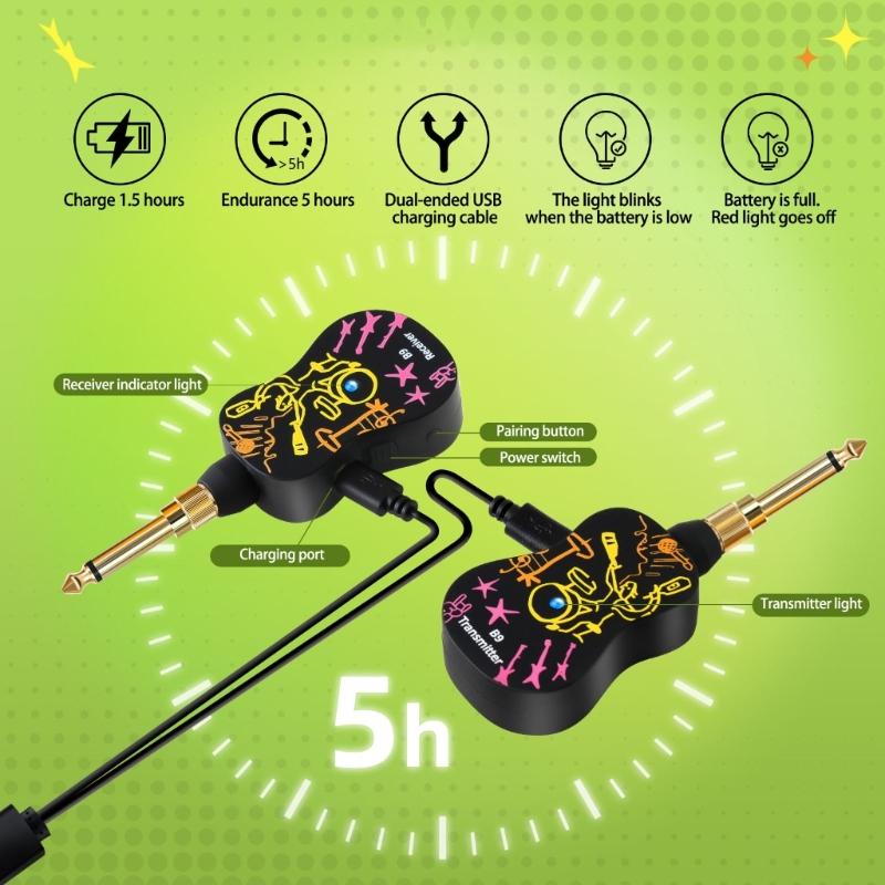 Guitar Wireless Systems 4Hours Runtime Wireless Guitar Transmitter Receiver Rechargeable Digital Guitar Wireless Systems