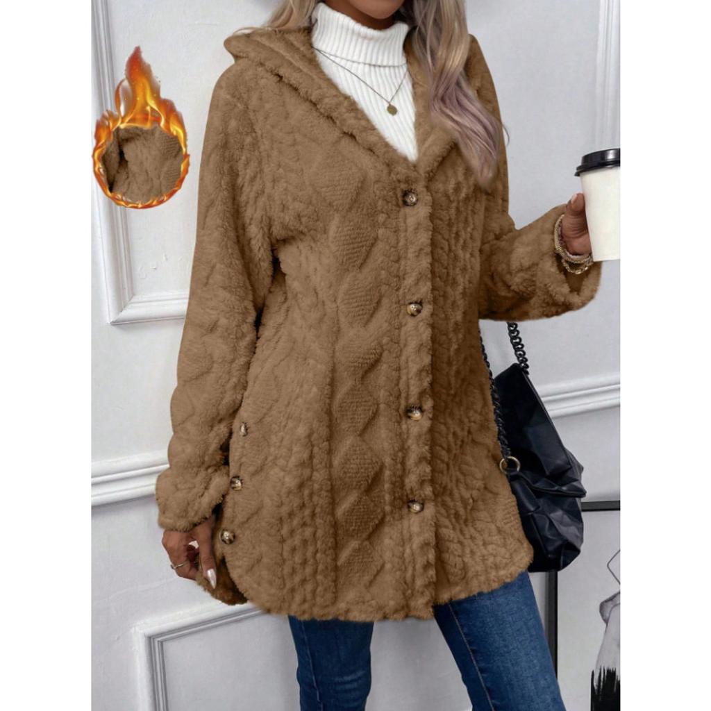 Autumn and Winter Hooded Solid Color Cardigan Button Long Sleeved Casual Fleece Jacket