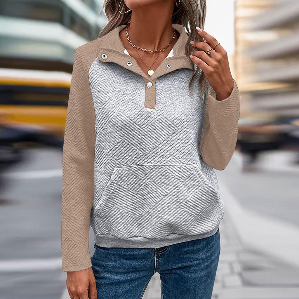 Женская повседневная и удобная толстовка с v-образным вырезом и воротником-стойкой контрастного цвета с длинными рукавами в стиле пэчворк