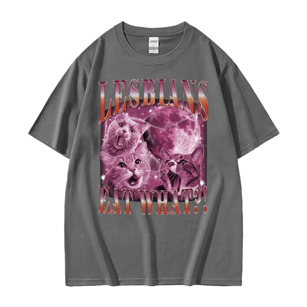 What Cat Meme Graphic Does A Lesbian Eat? 2025 Summer Printed Pure Cotton Fashion Hip-hop High Street Loose Casual T-shirt