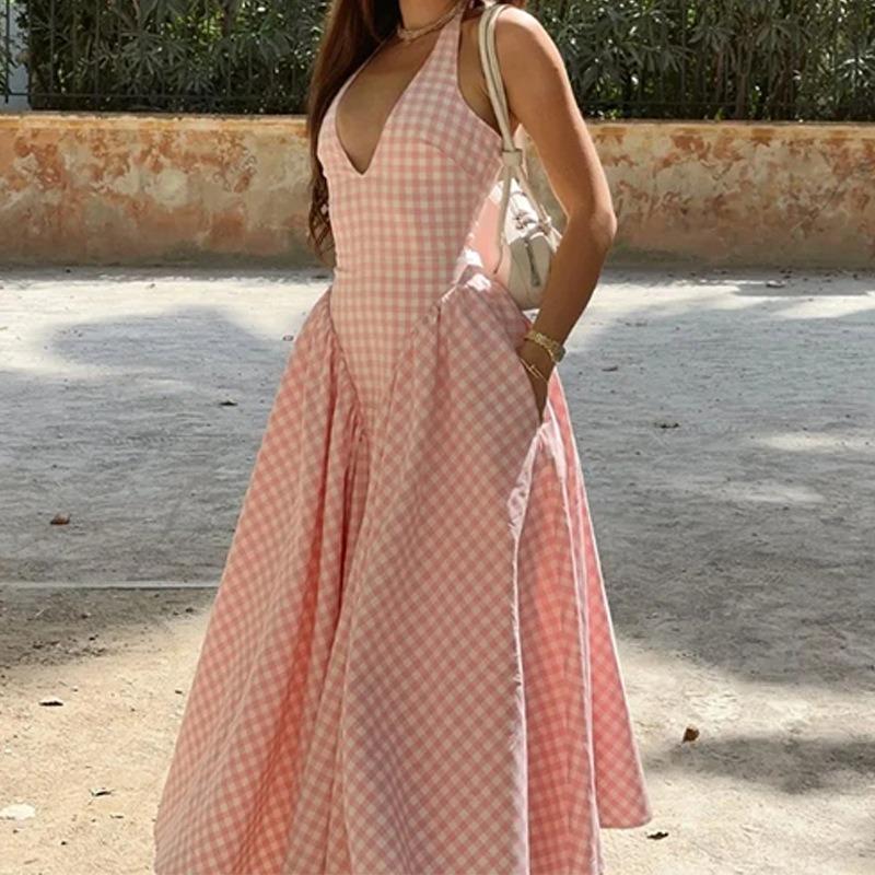 Women French Style Halter Neck Pleated Waist Cinching Long Dress
