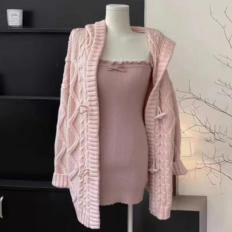 2023 японское милое трикотажное платье, костюмы, женский повседневный свитер с капюшоном, кардиган + Y2k, тонкое сексуальное платье на бретелях, элегантный комплект из 2 предметов, новый