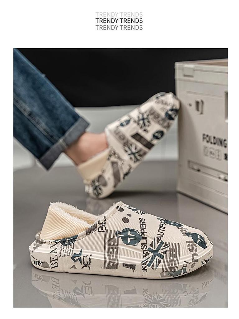 Мужские зимние водонепроницаемые хлопковые тапочки на флисовой подкладке - Большой размер, двойного назначения, с задником, полутапочки для улицы и дома