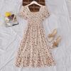 "French Retro Floral Square Neck Puff Sleeve Dress for Petite Women - High Waist, Sweet, Short Spring Style"