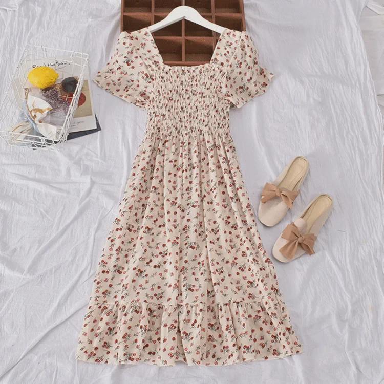 "French Retro Floral Square Neck Puff Sleeve Dress for Petite Women - High Waist, Sweet, Short Spring Style"