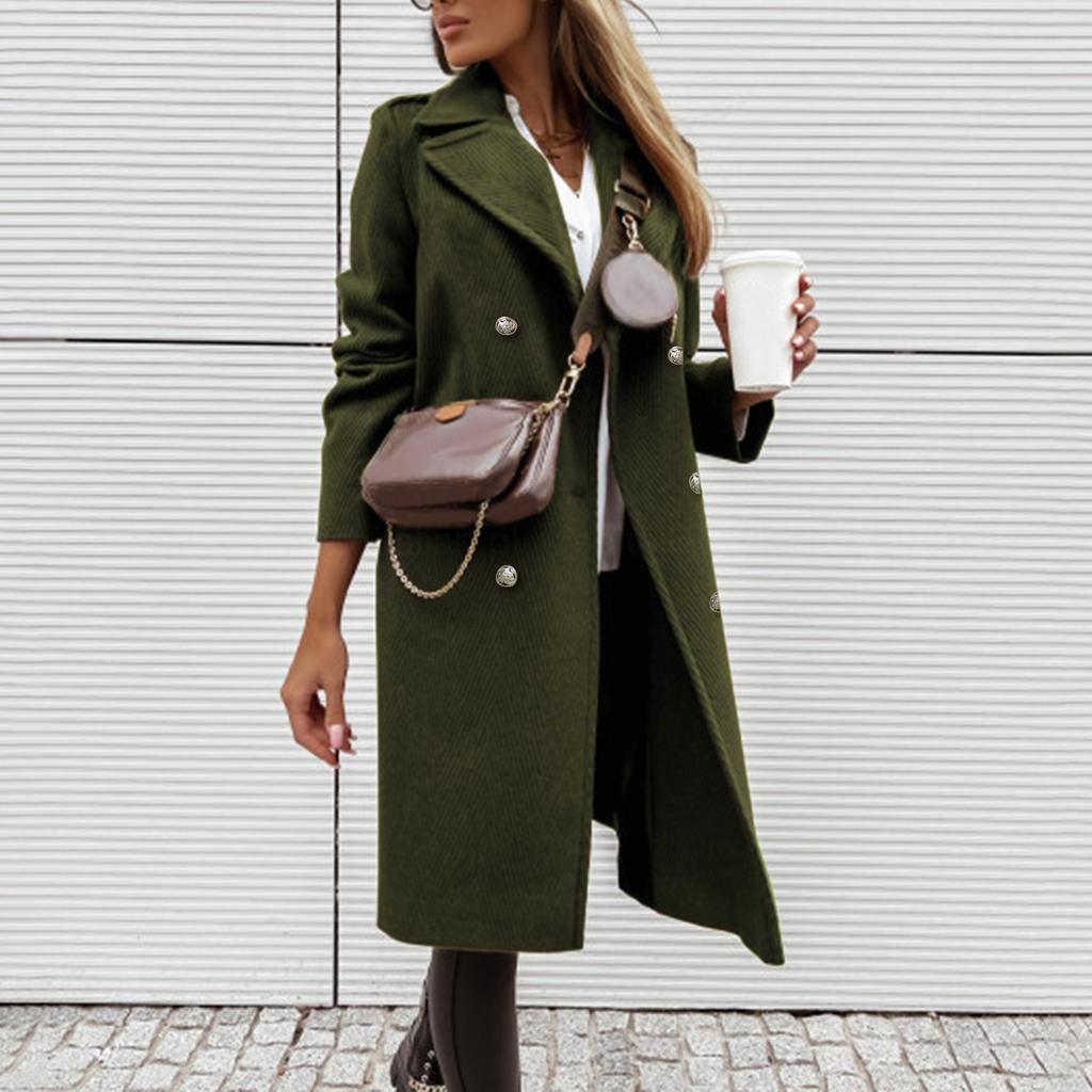 Женское среднее однотонное двубортное пальто без карманов с длинными рукавами, верхняя одежда, украшение с карманами