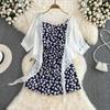 Women Summer Floral Print Two Piece Slim Vacation Elegant Ladies A Line Short Dress