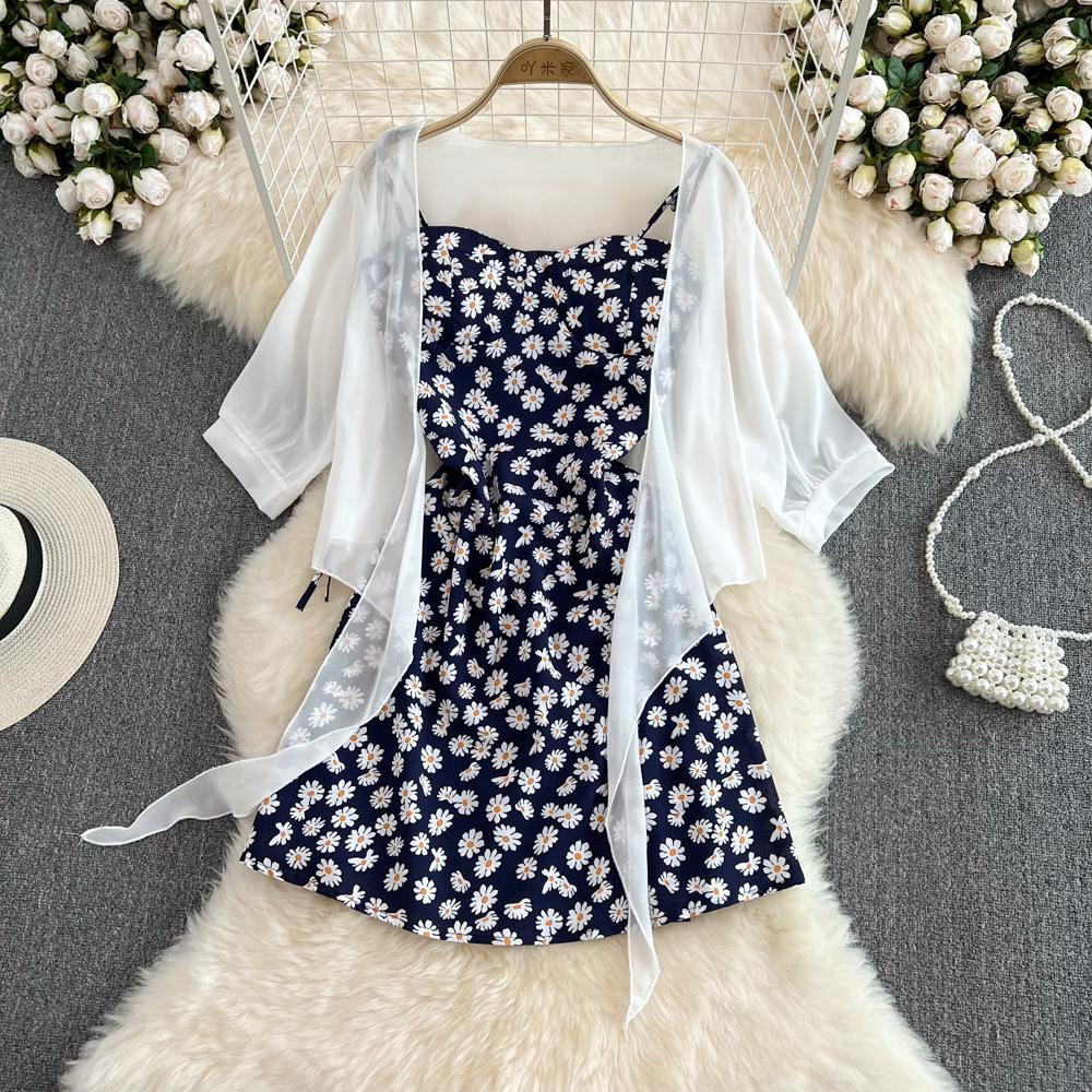 Women Summer Floral Print Two Piece Slim Vacation Elegant Ladies A Line Short Dress