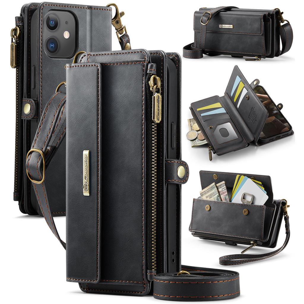 For iPhone 12 mini 5.4 inch Case CASEME C39 RFID Blocking Zipper Wallet Stand Leather Cover with Strap