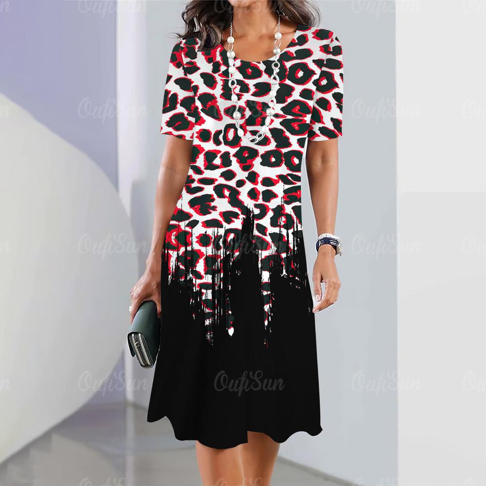 Женская мини-юбка с леопардовым принтом, модные летние платья до колена, уличные элегантные игривые платья 2023 года с круглым вырезом, женские топы, пуловеры