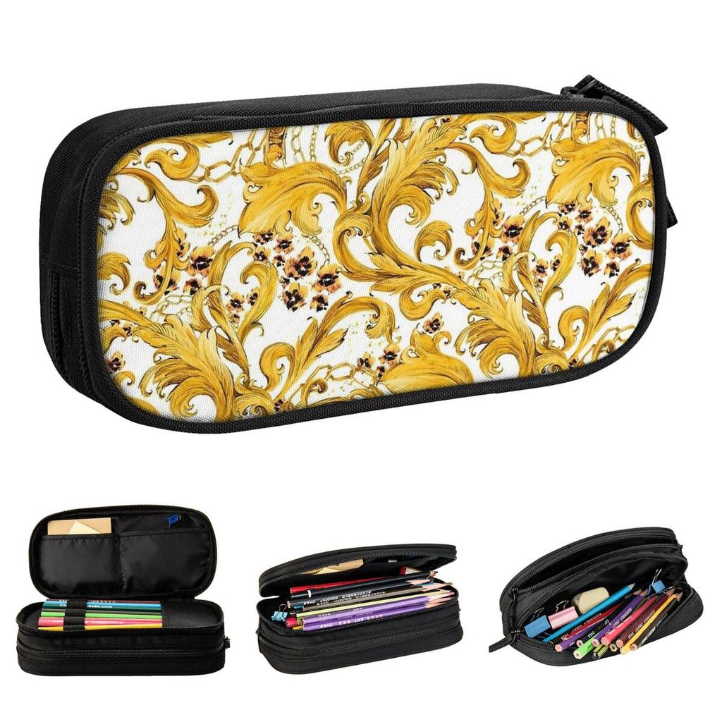 Golden Flowers European Baroque Art Pencil Cases Classic Pen Holder Bag Student Large Storage School Supplies Gift Pencilcases