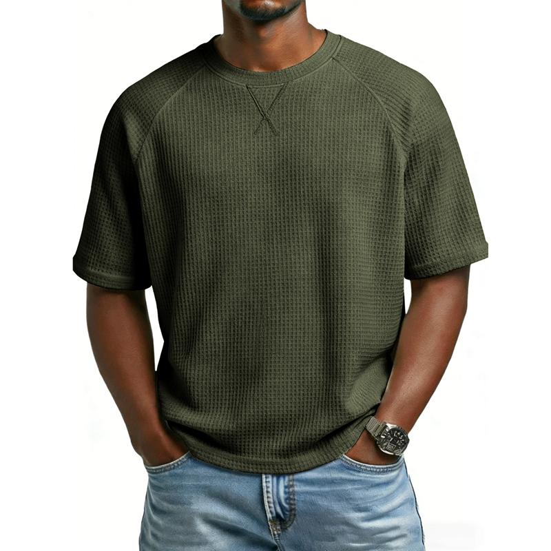 Men Casual T Shirt Waffle Knit Loose Fit T Shirts for Man Solid Color Short Sleeve Tee Oversized Fit Textured Fabric Crew Neck