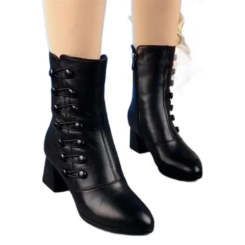 Новые зимние мягкие кожаные короткие сапоги со средним каблуком и средней трубкой и бархатом для тепла. Универсальные женские сапоги с мягкой подошвой.