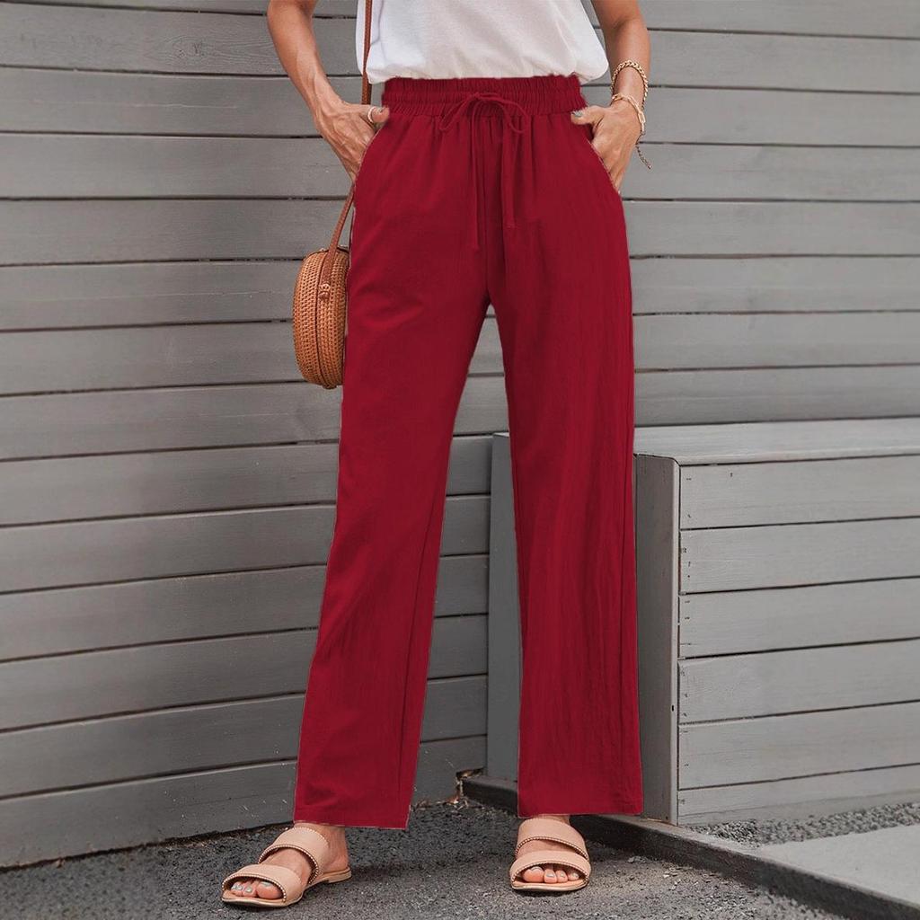 Женские хлопково-льняные брюки с кулиской и широкими штанинами