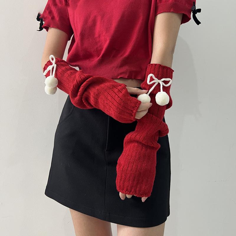 Red Knitted Arm Cover Hip-Hop Long Fingerless Sleeves Stretchy Elbow Decoration Thumb Hole Gloves Teens Cosplay