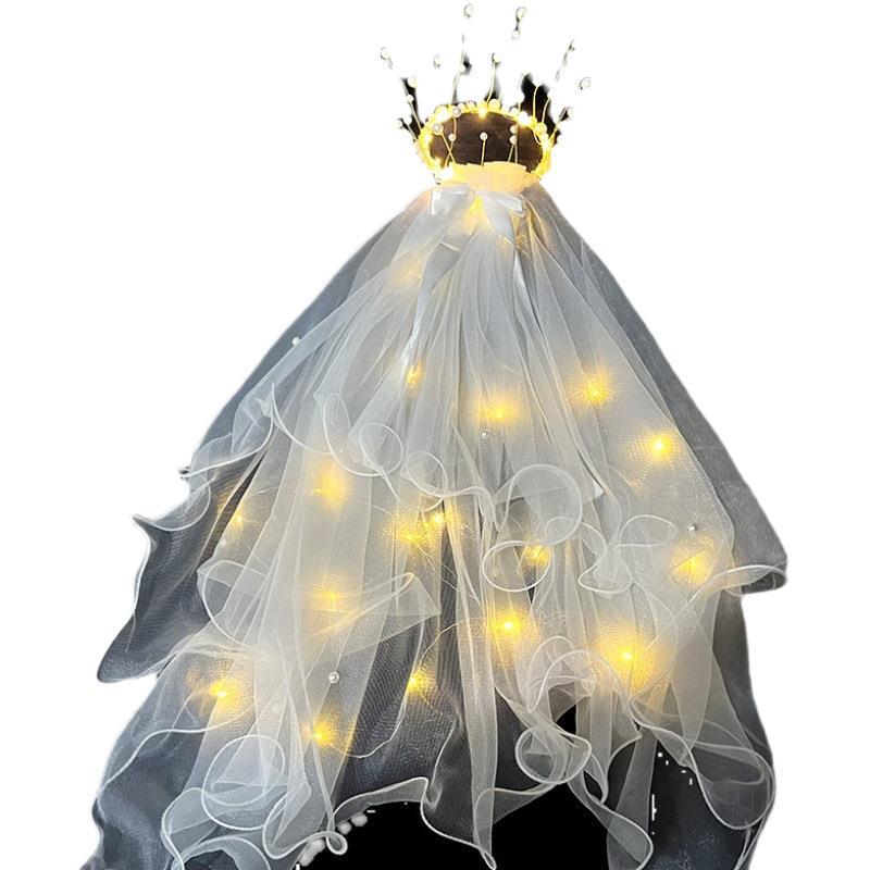 Светящаяся фата-корона с кисточками, жемчугом и бантом из ленты Головной убор
