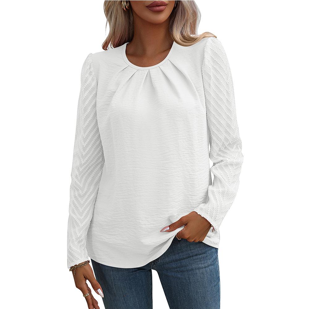 Женская осенняя плиссированная шифоновая блузка с круглым вырезом, модные перспективные топы с длинными рукавами