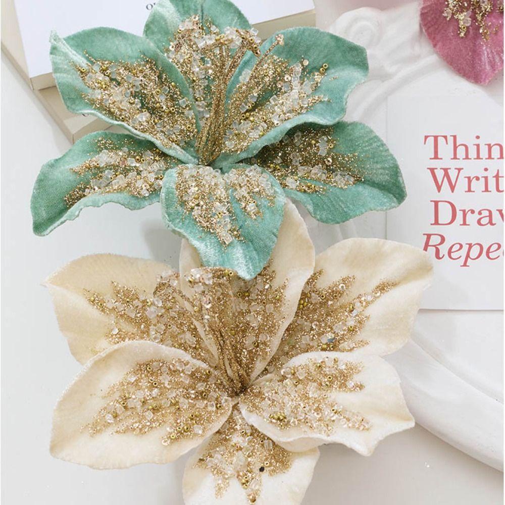 19cm Artificial Poinsettia Glitter Flower Glitter Sequin Fake Christmas Flowers Simulation Flannel Photography Props