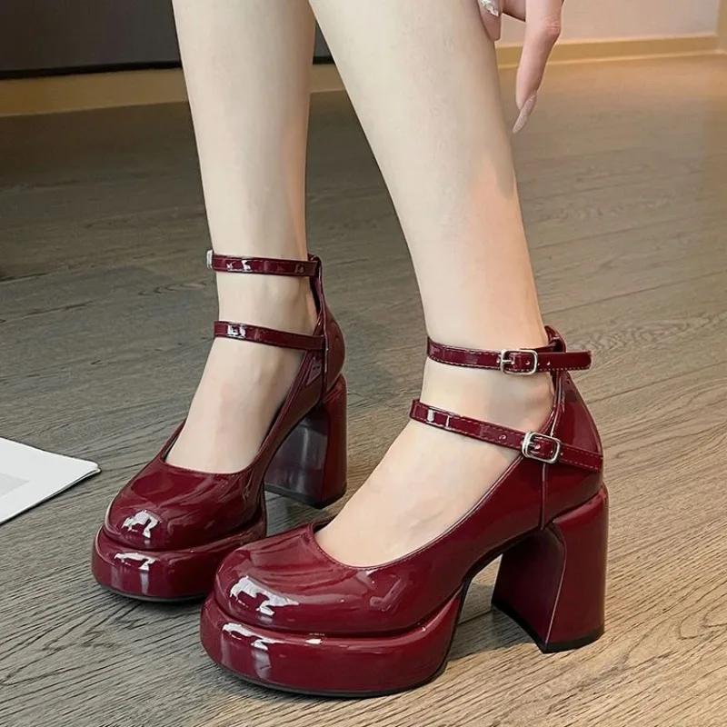 High Heels Women's Spring Autumn Pumps Shoes Red Black Retro Thick Soled Jane Ankle Buckle 9cm Chunky