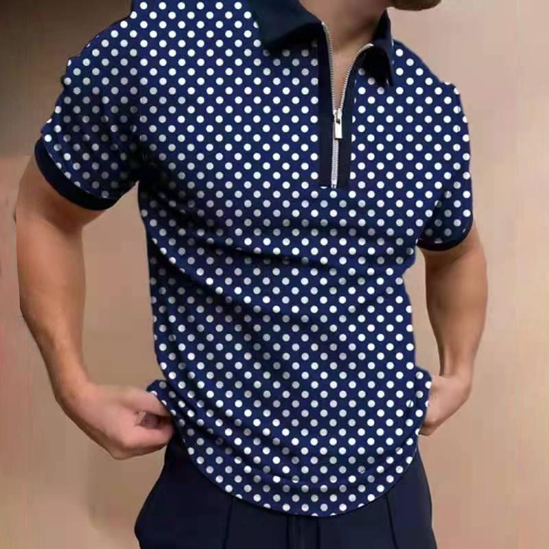 Men's Casual Polka Dot Print Short Sleeve Zipper POLO Shirt T-shirt