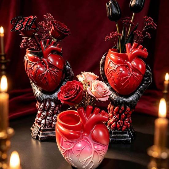 Halloween Home Decor Hand Holding Human Heart Organ Vase, Gothic Anatomical Shaped Creative Dried Flower Holder Spooky Desktop Pot for Living