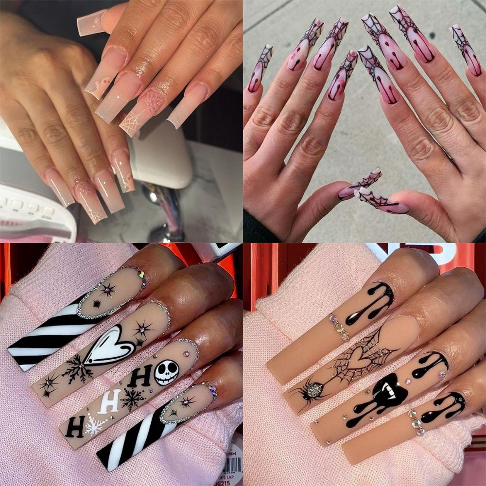 Long Length Halloween False Nail Square Head Nail Tips Waterproof Long Water Pipe Fake Nails  Women