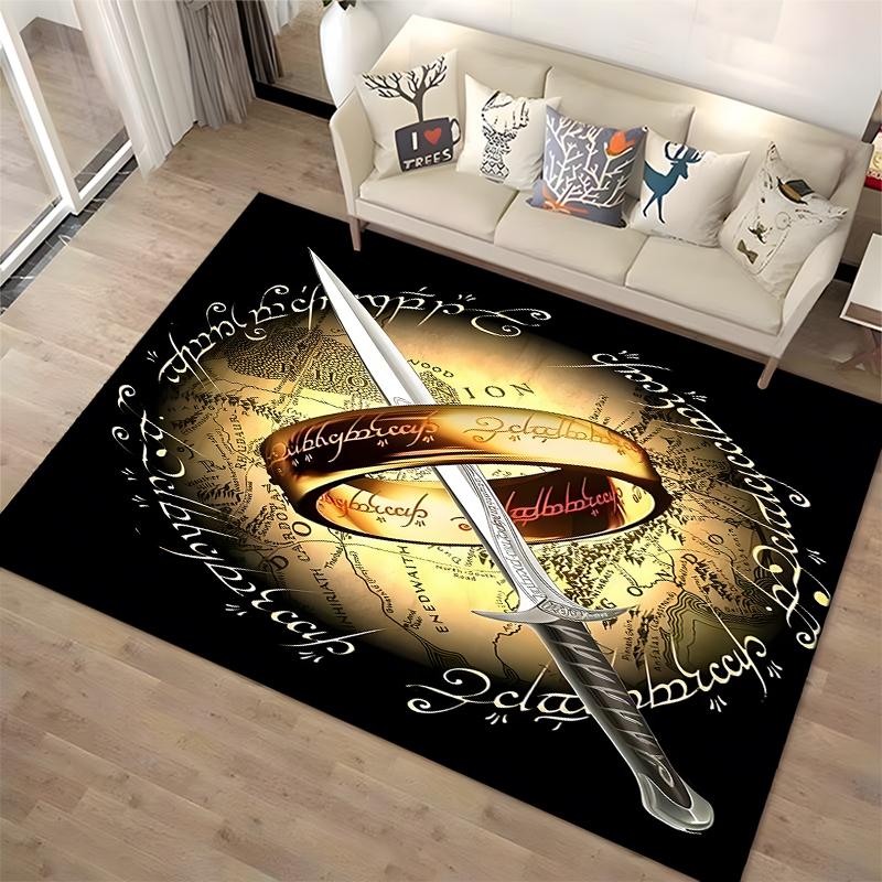 "Fantasy Style Carpet with Ring, Sword, and Elvish Text Motif" Suitable for use as an anti-slip for living room bedroom sofas